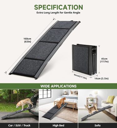 Рампа для собак, 170 см, складана, з антиковзким покриттям, для собак середніх та великих порід (до 113.4 кг), легка та портативна, 160x44 см