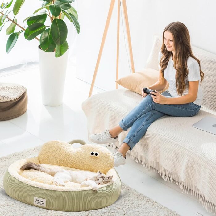 Кругле ліжко для котів Galatée, м'яке, плюшеве, з антиковзною основою (зелене, M)