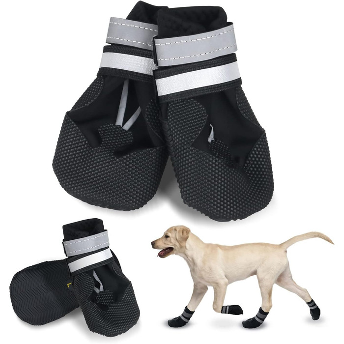 Чоботи для собак REESTBOO, 4 шт. Водонепроникні захисні човники для лап з відбиваючим ремінцем, клямками, для великих собак, чорні (XXL)