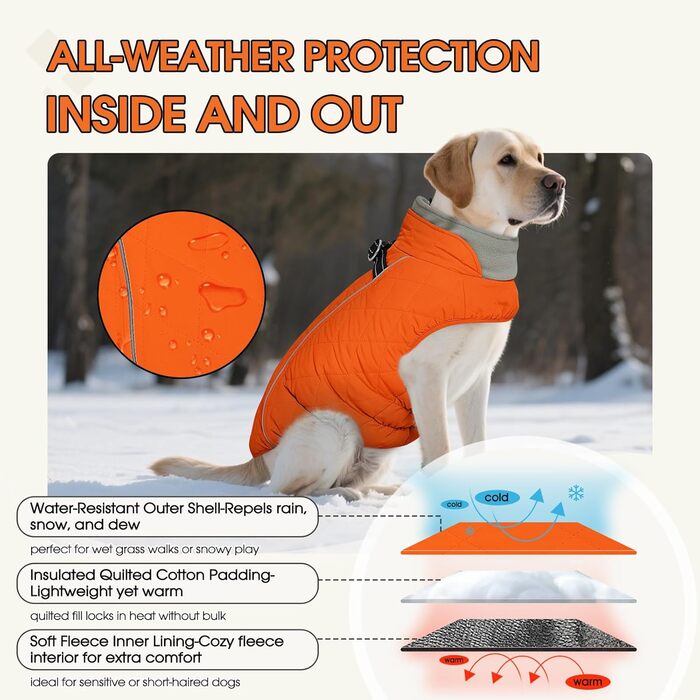 Водонепроникний зимовий теплий одяг для собак середнього розміру QBLEEV з інтегрованим шлейкою та світловідбиваючими елементами (XX-Large, помаранчевий/червоний у смужку 'Sunset Chevron')