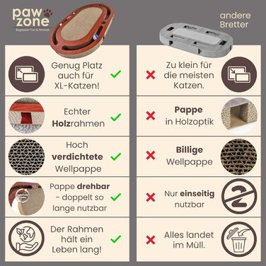 PAWZONE Двостороння килимок-подряпування для котів XXL з міцного MDF, 72x45 см, з можливістю заміни картону, з іграшкою, білий/коричневий