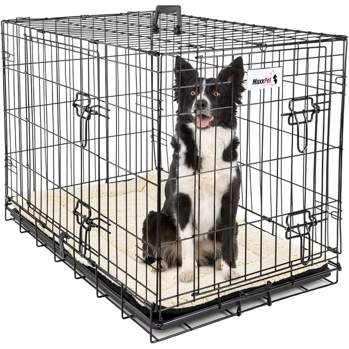 MaxxPet Клітка для собак XL металева, складна, з двома дверима, подушкою та поїлкою, для великих порід, чорна, 107x71x76 см, для дому та вулиці