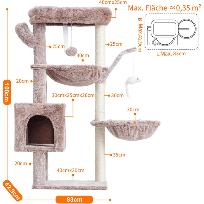 Кігтеточка-комплекс для котів Heybly HCT006SW, 100 см, з платформою, гротоподібною печерою та гамаками, коричнево-бежевий