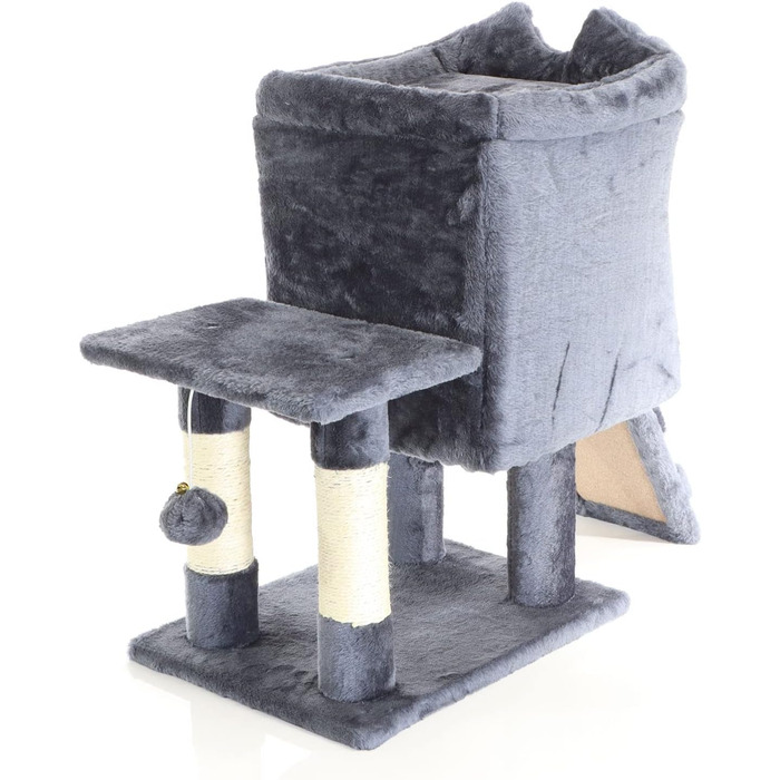 Котячий будиночок та кігтеточка Fudajo темно-сірого кольору 60 см з платформою, лежаком та ігровим м'ячиком, кігтеточка з драбиною, меблі для котів з сизалю