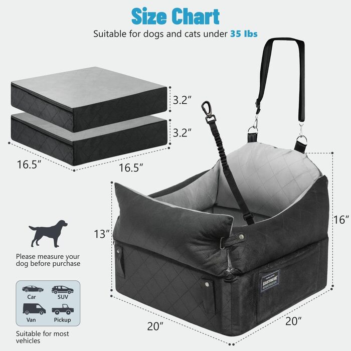 Автокрісло для собак EASTBLUE Medium: чорний/сірий, Memory Foam, з ременем безпеки, для собак до 15.9 кг