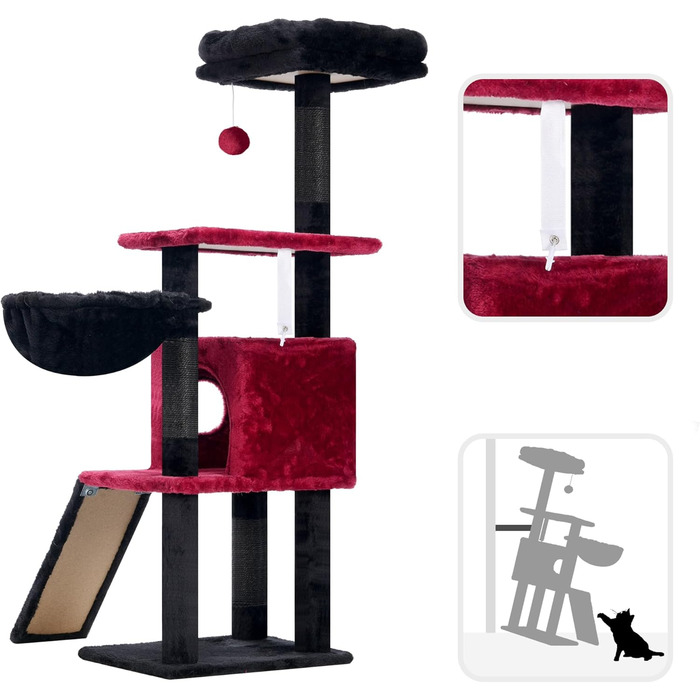 Котячий будиночок Hey-brother Kratzbaum 108 см: багатоповерховий котячий будиночок з подряпувальними стовпами, кошиком, просторим будиночком та іграшкою-помпоном, червоно-чорний MPJ007SBR