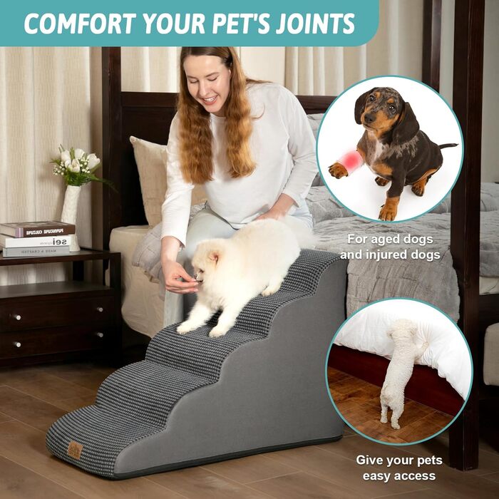 Сходинки для собак, 57 см, для маленьких собак, з високощільним губчастим матеріалом, знімний, миючий чохол, неслизьке дно, 5 ступенів, 40x84x57 см, темно-сірий колір