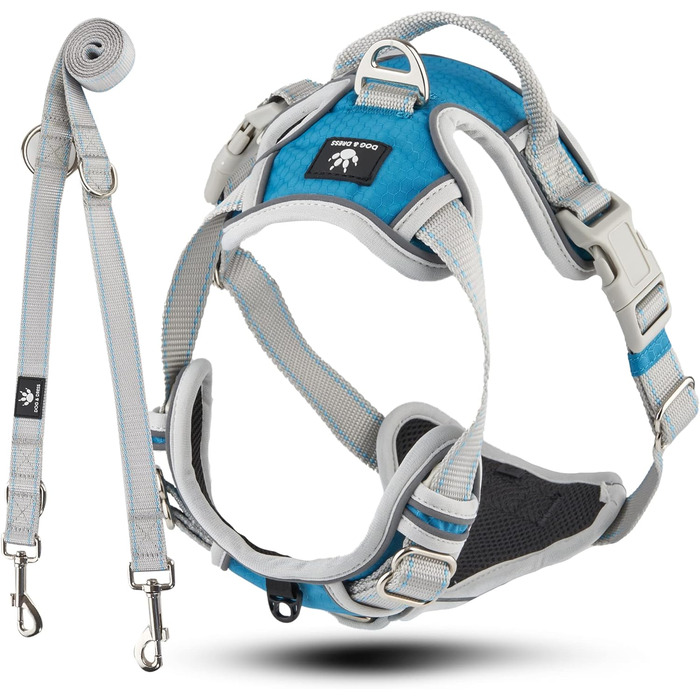 Набір повідка та шлейки для собак – дихаючий, регульований, з м'якою підкладкою та світловідбиваючими елементами – для великих та середніх собак (Синій, XL (76-101 см обхват грудей))