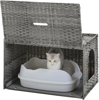 MUTTROS туалет для котів з ротанга, прихований туалет для котів, меблі з ручної плетіння, з високою дверцятами та піднятим бортиком, котячий будиночок-шафка для великих котів, для дому, вітальні, сірий