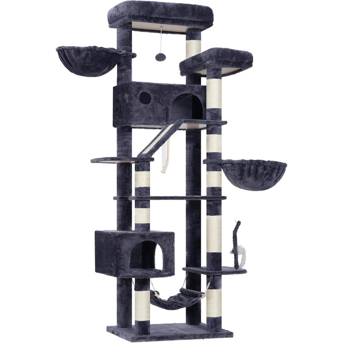 Великий котячий будиночок Kratzbaum: стабільний, 200 см, з платформами, гамаком та сизалевими стовпчиками (GCT031W, сірий)