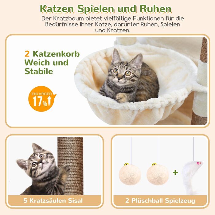 Драбина для котів Globlazer XXL, 188 см, з будиночком, платформами, кошиками. Стабільна, антикіпкість, для великих котів, бежева