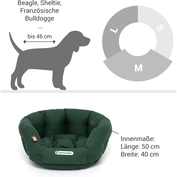 Ліжко для собак Doctor Bark - кругле, м'яке, середнього розміру, з ортопедичною подушкою та іграшкою-кісткою. Можна прати до 95°C. Виготовлено в Німеччині (M - 50x40 см, Зелений/Бежевий)