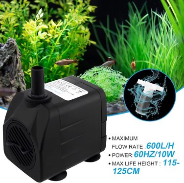 Погружний насос для ставка, фонтану, акваріума Wasserpumpe 1800 л/год, 3 насадки (13/16/19 мм), кабель 1.9м, 10Вт