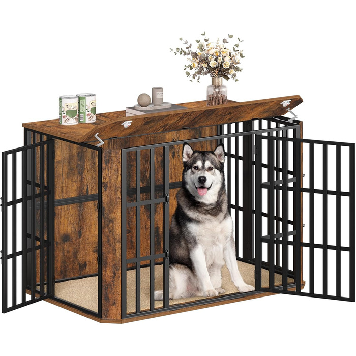 Дерев'яний вольєр для собак Hzuaneri DFC86801B (XXL) 120x75x81 см, з годівницею, вінтажний коричневий, для дому