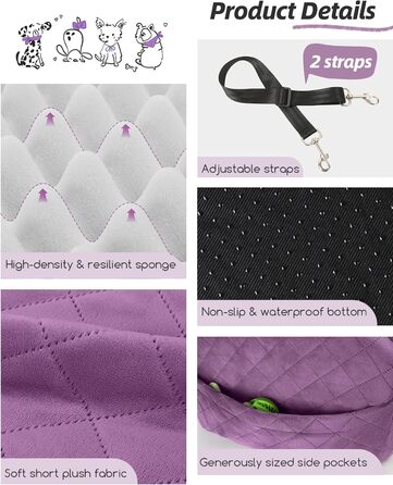 Автокрісло для собак маленьких та середніх порід, м'яке переноське автокрісло для цуценят з піднятим подушкою, повністю знімний та пральний автокрісло для домашніх тварин з 2 собачими повірцями (Purple, Medium)
