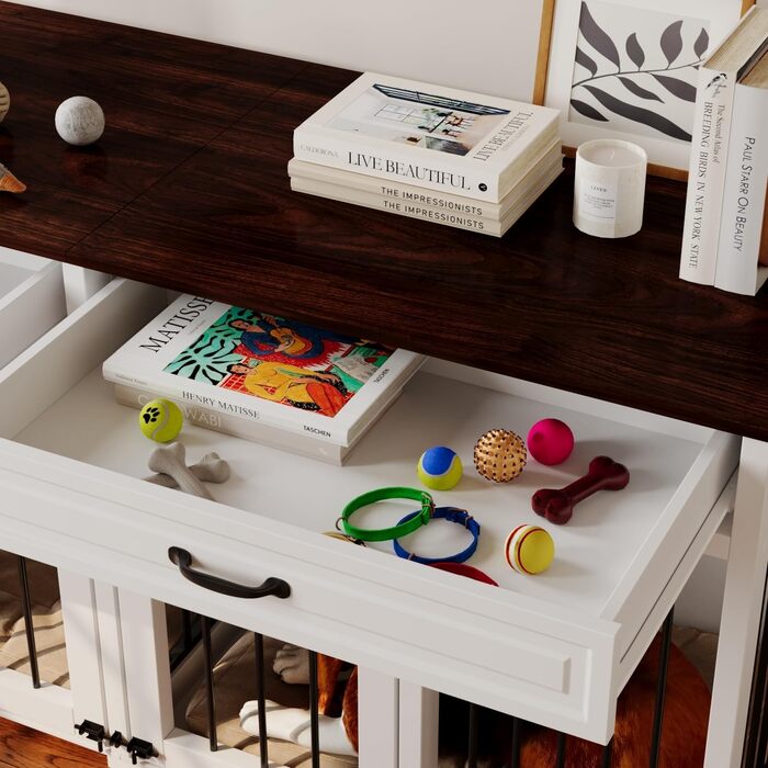 Клітка для собак з 2 ящиками та 2 дверцятами, біла та темно-коричнева, MDF, 160x60x80 см. Підходить для 2 собак