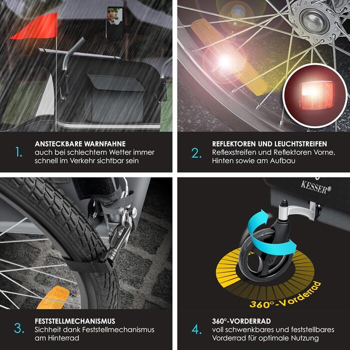 Дитячий велопричіп KESSER Sport-RX 2в1 (вело-та прогулянка) для 1-2 дітей, до 40 кг, з рефлекторами та триточковим ременем безпеки, чорний