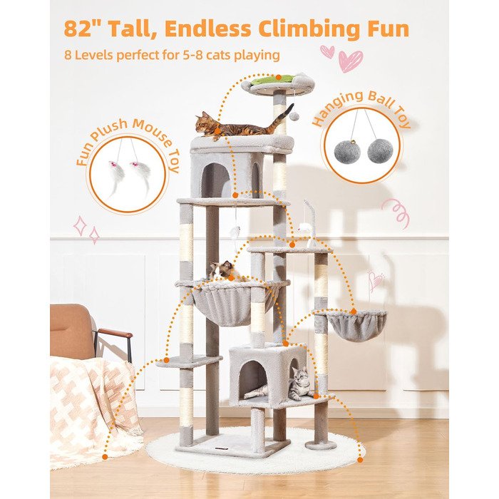 Котячий будиночок Taoqimiao MS032G: великий когтетоп для дорослих котів, XXL, міцний, з 8 стовпчиків для дряпання та великою гамаком (світло-сірий)