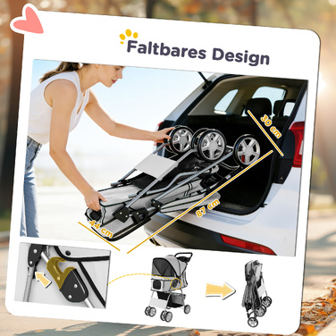Складаний візок для собак (buggy) зі світловідбиваючими смугами, кошиком для речей та подушкою, для малих порід до 10 кг, 77x44x102 см, сірий