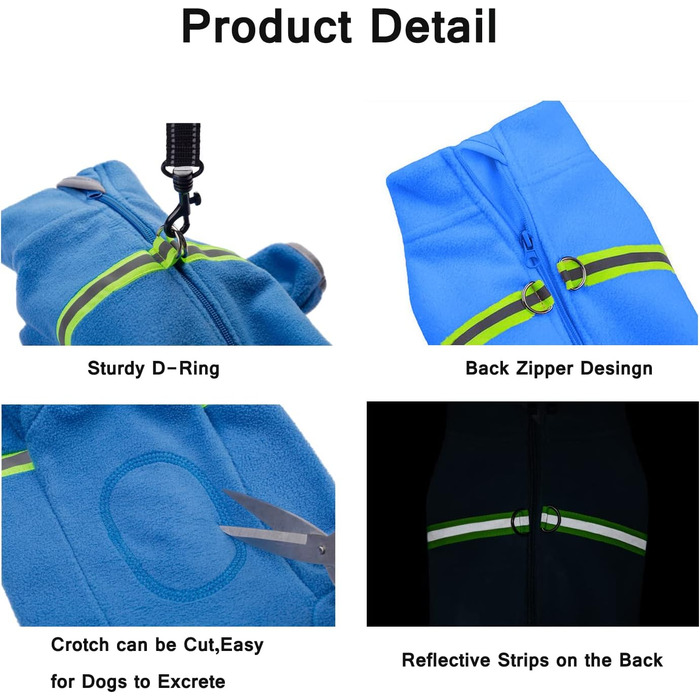 Тепла флісова куртка для собак, зимовий одяг для цуценят, тепла куртка з капюшоном, теплий комбінезон для собак, з кільцем D, для холодної погоди, для собак маленьких та середніх порід, розмір XXL (блакитний) 2XL - довжина спини 40 см, блакитний