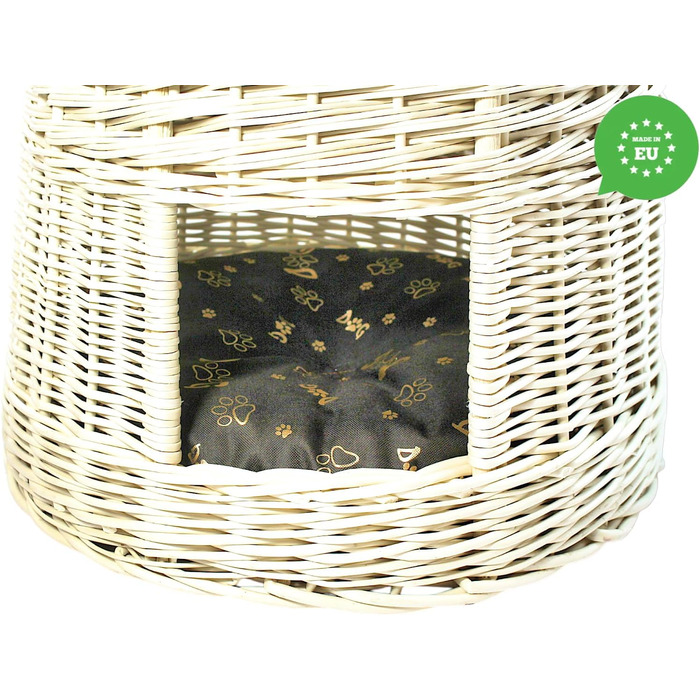 Кігтеточка-ліжко для котів: кругла хатинка з ротангу, триповерхове ліжко для собак та котів, колір білий (з коричневими та золотими подушками)