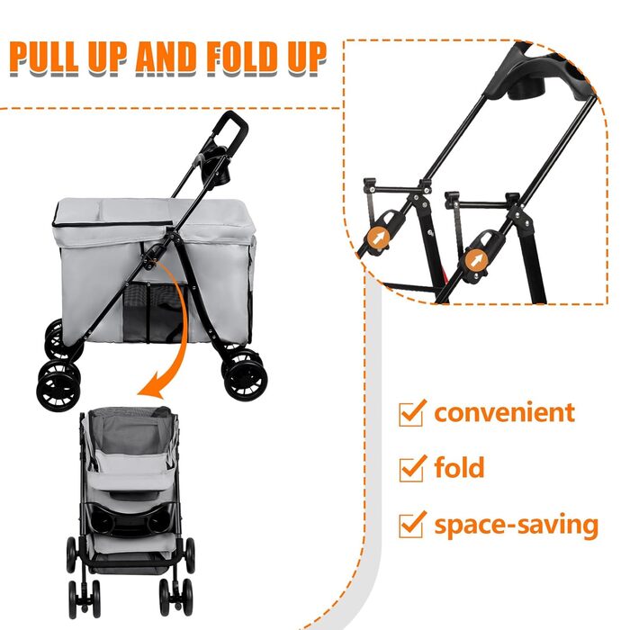 Візок для тварин, бугі для собак та котів, складний, сірий. Міцний, водонепроникний, з дихаючим матеріалом, до 20 кг.