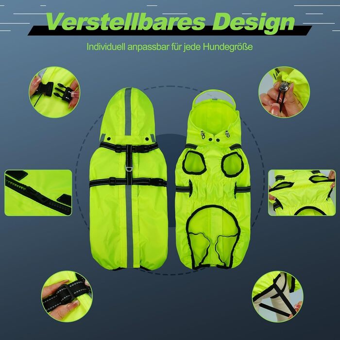 Водонепроникний дощовик для собак OUOBOB з відкидною капюшоном та світловідбиваючими смугами, H-подібне кріплення, розмір M, колір: Neon Green