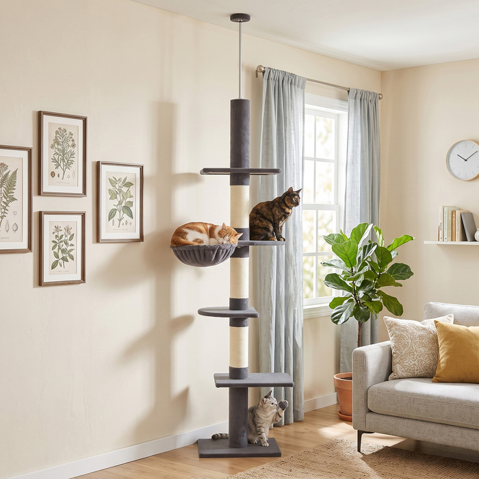 Ігровий комплекс для котів ratzbaum: стельовий, висота 225-255 см (регульована), 5 ярусів, 3 сизалеві стовпчики-дряпки, гамак та платформи