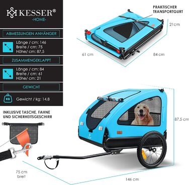Великий велосипедний причіп-візок для собак KESSER Boxer 2-в-1, 250 л, складаний, 600D Оксфорд, до 45 кг, з прапорцем і сумкою