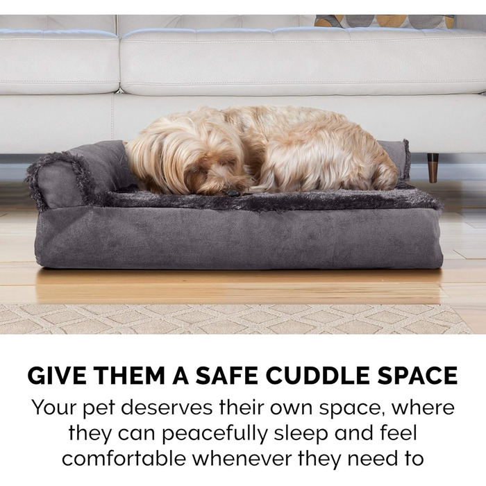 Крісло-лежанка для собак великих порід FurHaven з підголовником та знімним чохлом, плюш та оксамит, L-подібне, сірий колір, Jumbo/XL, 102 x 81 x 20 см