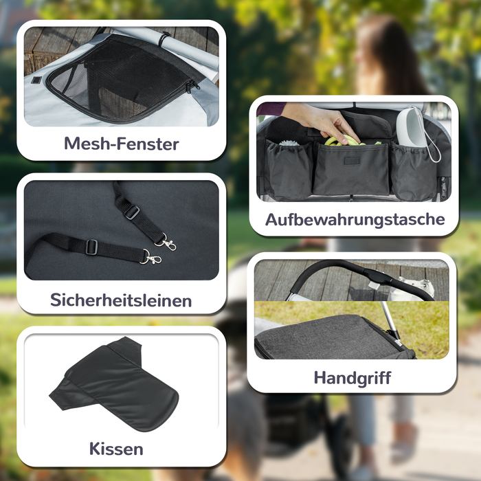 PawHut Коляска для собак Dog Buggy складна для великих собак і кішок до 30 кг Баггі для кішок з подушками Сітчасті вікна Двері Сумка для зберігання Котяча коляска з страхувальними тросами, гальмами, баггі Сірий | Аосом