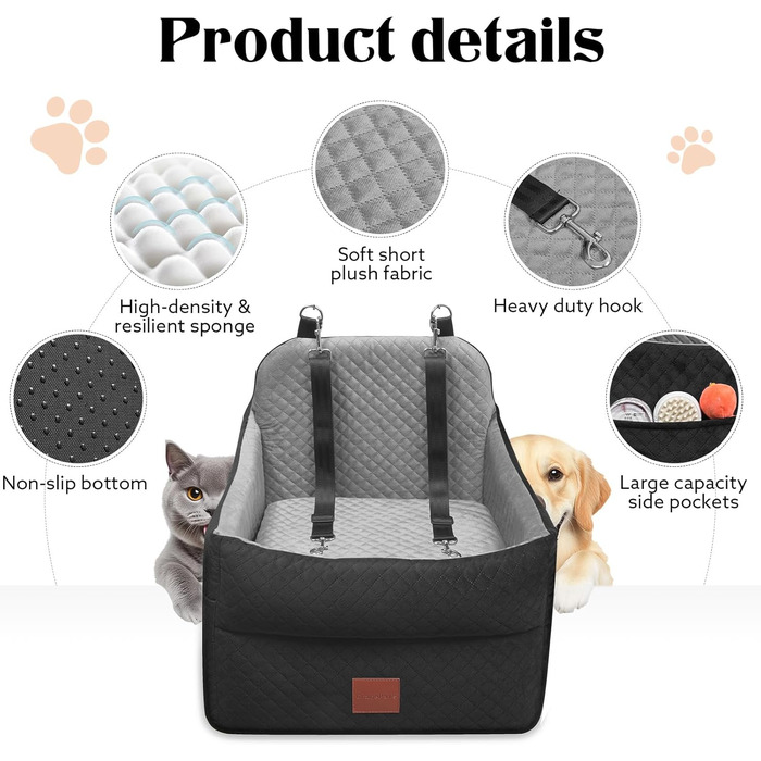 Автокрісло для собак маленьких та середніх порід (до 15,9 кг), з пам'яті-ефекту, знімний чохол, 2 ремені безпеки, чорний/сірий, Medium