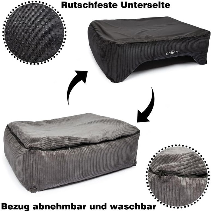 Ортопедичне собаче ліжко CopcoPet з м'якої тканини, легко миється - для великих собак, з неслизьким дном - захищає суглоби, кошик для собак XXL, чорний/сірий, 110 x 90 см