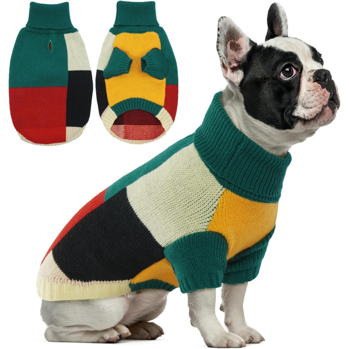 Пуловер для собак Х'юмараян - Вінтажний пуловер для маленьких собак з отворами, блокуванням кольорів, пуловер з високим коміром, теплий пуловер для собак з ніжками (M, Зелений)