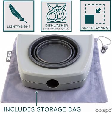 Набір з 2 склавних мисок для собак Colapz зі стійкою – регульована висота, підходить для собак та котів – портативні для подорожей, кемпінгу, авто – силіконові миски з сумкою, сірі