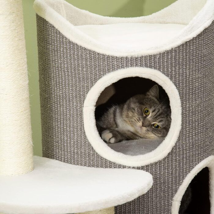 Котячий комплекс PawHut 109 см з когтеточкою та лежаком, біло-сірий, меблі для котів із сизалевими стовпчиками та тунелем