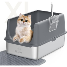 Металева котяча туалетна Pawaboo з кришкою, 60x40,5x32,5 см, велика нержавіюча лоток для котів з високим бортиком, антипригарна, зі совком і килимком для наповнювача