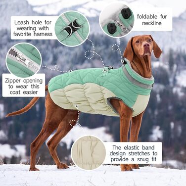 Зимовий теплий пуховик для великих собак Kuoser – водонепроникна куртка з флісовою підкладкою, світловідбиваючими елементами, коміром з хутром, блискавкою та кільцем D – теплий одяг для собак на вулицю, XL, зелений