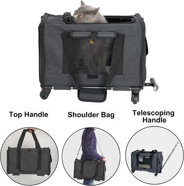 Транспортувальна сумка для домашніх тварин: собак та котів середніх та малих порід. Переноска для подорожей з телескопічним ручками та знімними колесами. Колір: темно-сірий