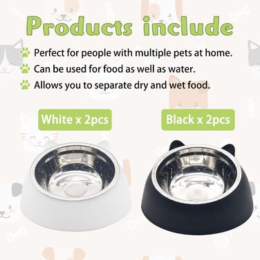 Набори мисок для котів Hamiledyi з підняттям, 4 шт., 15° нахил, нержавіюча сталь, анти-блювотна, не протікає, для кошенят, дорослих котів та кроликів (чорний + білий, 200 мл)
