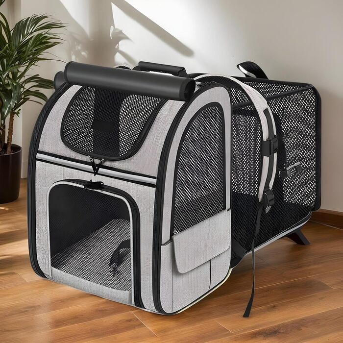 Транспортна сумка для котів, рюкзак для маленьких собак, дихаюча та розширювана сумка для тварин, сіра (з чорною основою)