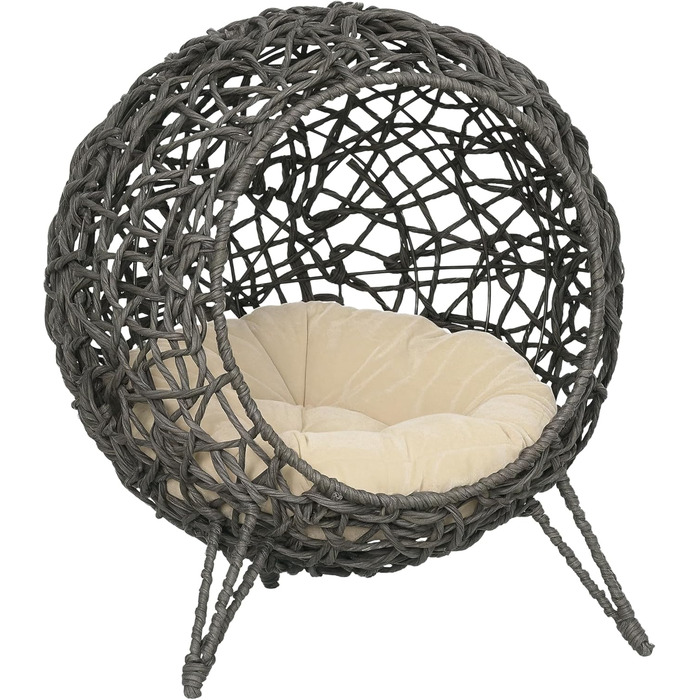 Павучий дім для котів PawHut з ротангу з подушкою, котячий будиночок, котяча печера з піднятими ніжками, сріблясто-сірий, Ø52 x 58 см