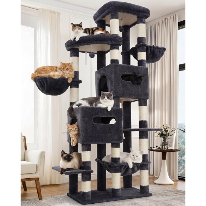 Heybly Katzenbaum 190 см, XXL Дряпка для великих котів, Стабільна висока когтеточка з великою платформою, 2 печери, гамак та міцні стовпи з сизалю, Сірий HCT062G