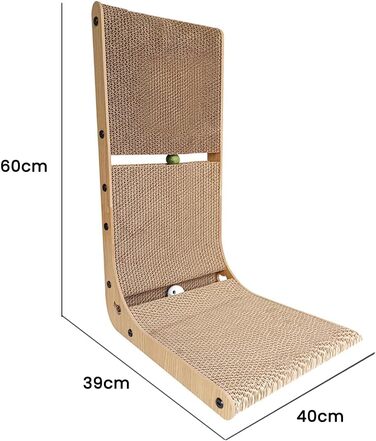 Heikoeco Кігтеточка для котів XXL, картонна, L-подібна, 40 см, з м’ячиком, настінна, стійка іграшка для кота