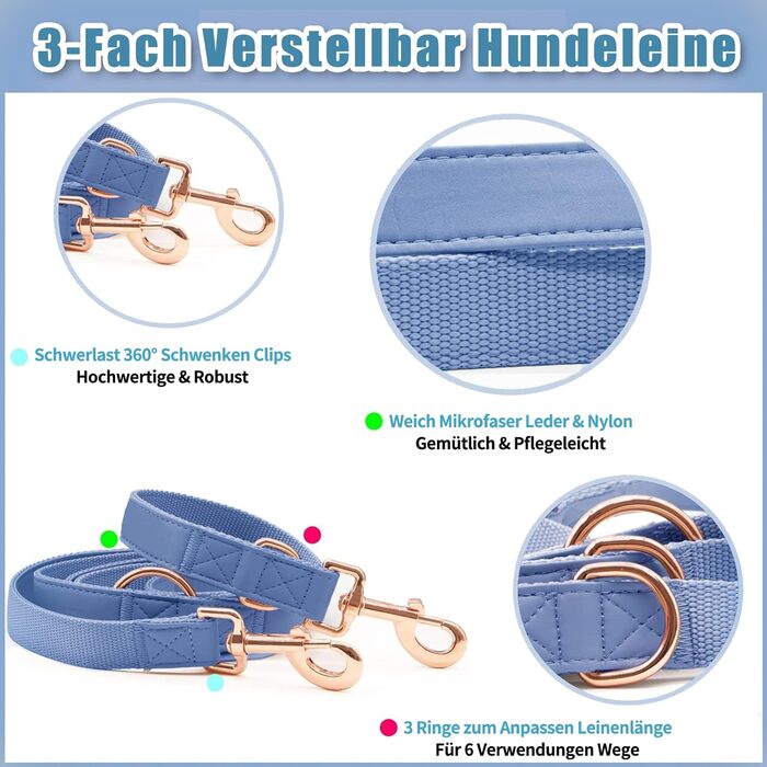 Набір повідця та нашийника для собак з м'якої шкіри (2м) - регульований поводок, стильна фурнітура Rose Gold, нейлонові повідці та нашийники для цуценят, собак маленьких, середніх та великих порід. Violett,M (обхват шиї 35-50см, ширина 2.5см). Колір: фіол