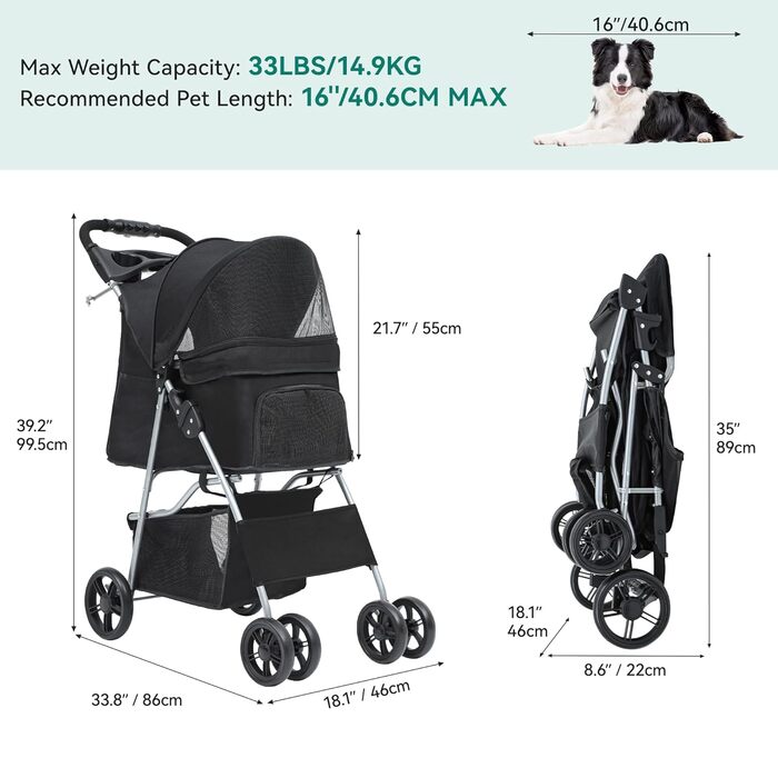 Візок для собак та котів YITAHOME, до 15 кг, з сітчастими віконцями, тримачем для напоїв та кошиком для речей (Чорний)