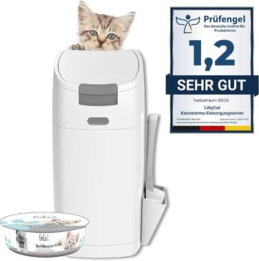Відро для сміття з котячого туалету Littycat з лопаткою - з картриджем для поповнення - котячий туалет, відро для котячого туалету біло-сірий + 1 картридж біло-сірий