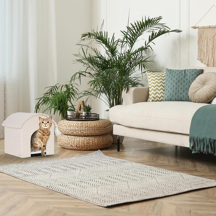 Складаний пухнастий будиночок для котів Relaxdays з лежанкою та кігтеточкою, 44x48x41 см, бежевий