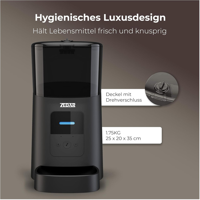 Автоматичний годівник для котів та собак Zedar A600 з контролем через APP, 6 літрів, нержавіюча сталь, чорний