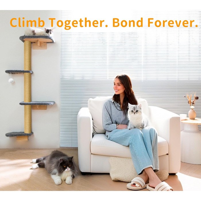 Кліматична стіна для котів Kratzbaum 125см: 4 яруси, натуральне дерево, міцний фетр, сірий колір
